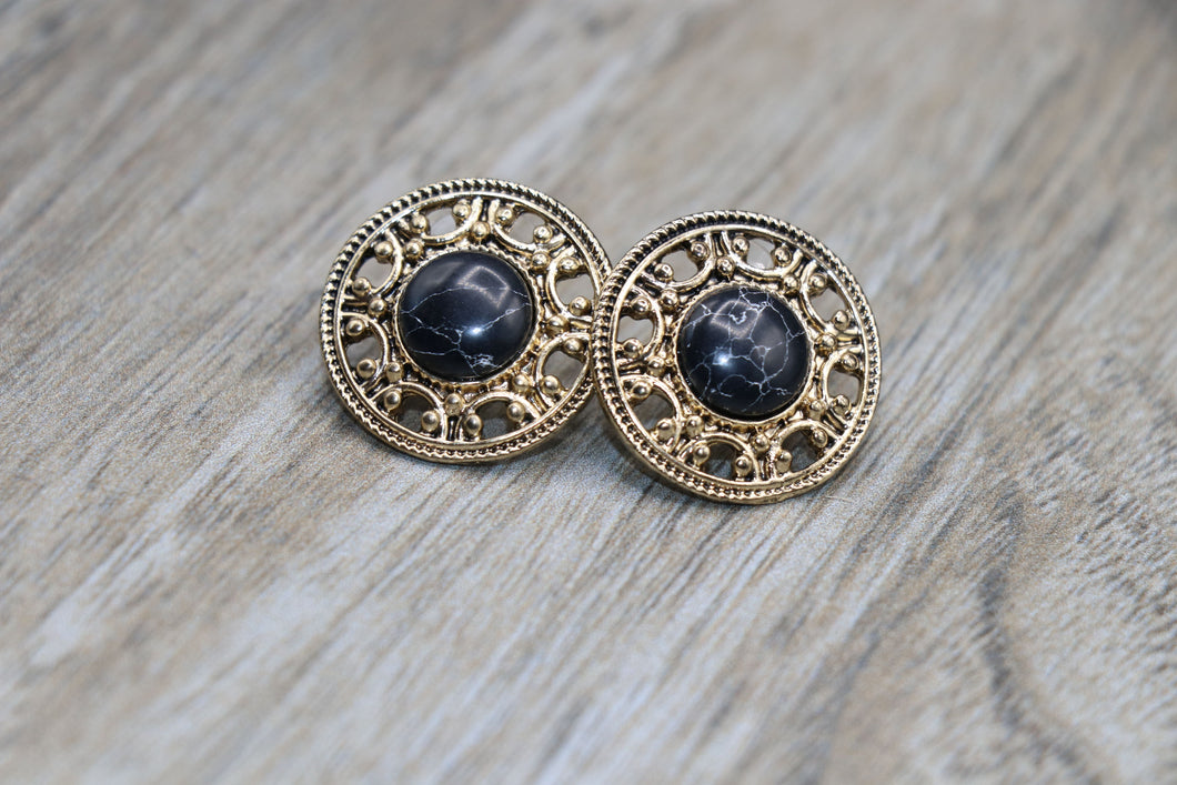 Gold With Black Stone Earrings
